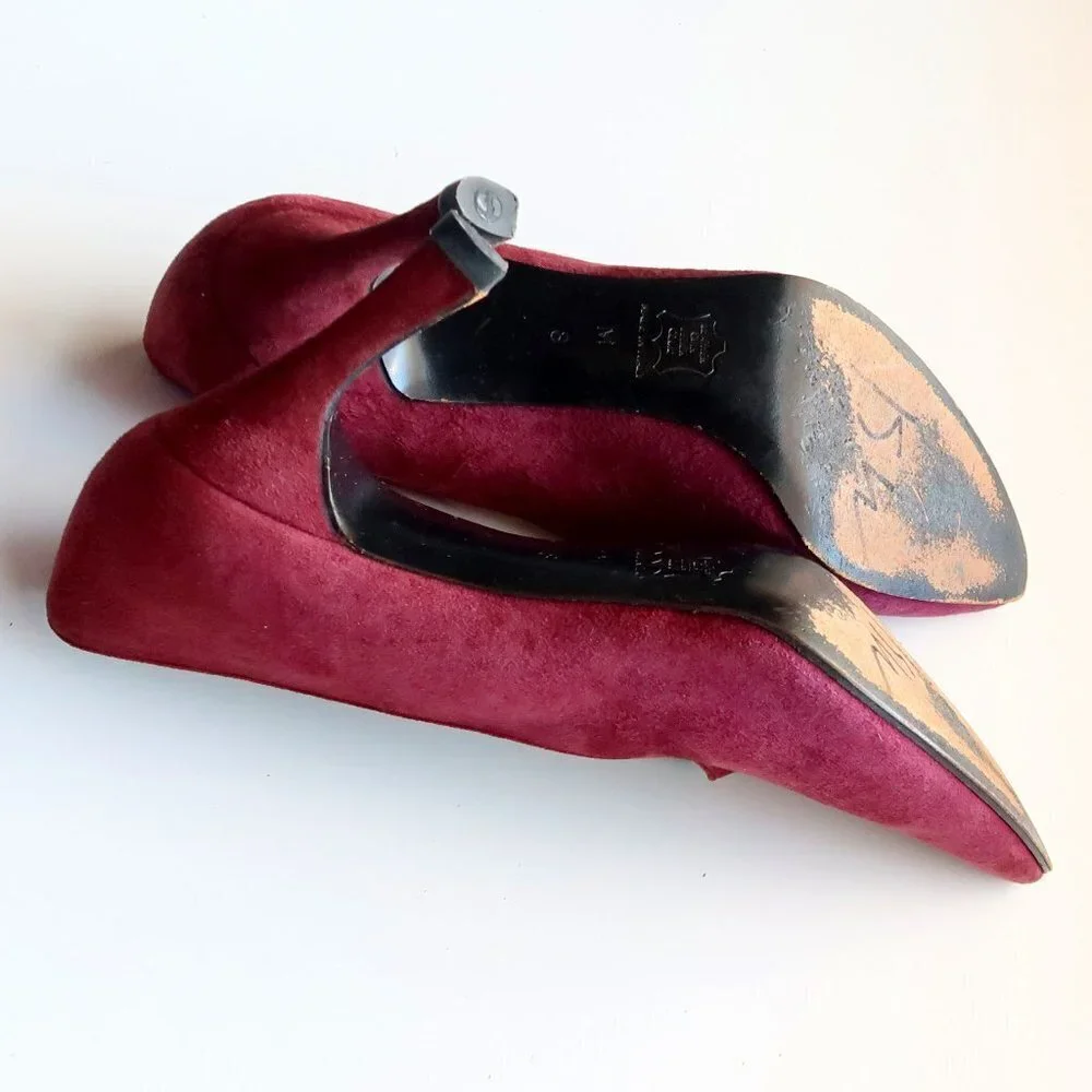 Yves Saint Laurent Burgundy Suede Leather Pointy Toe Heels Pumps Formal Shoes - Picture 12 of 14